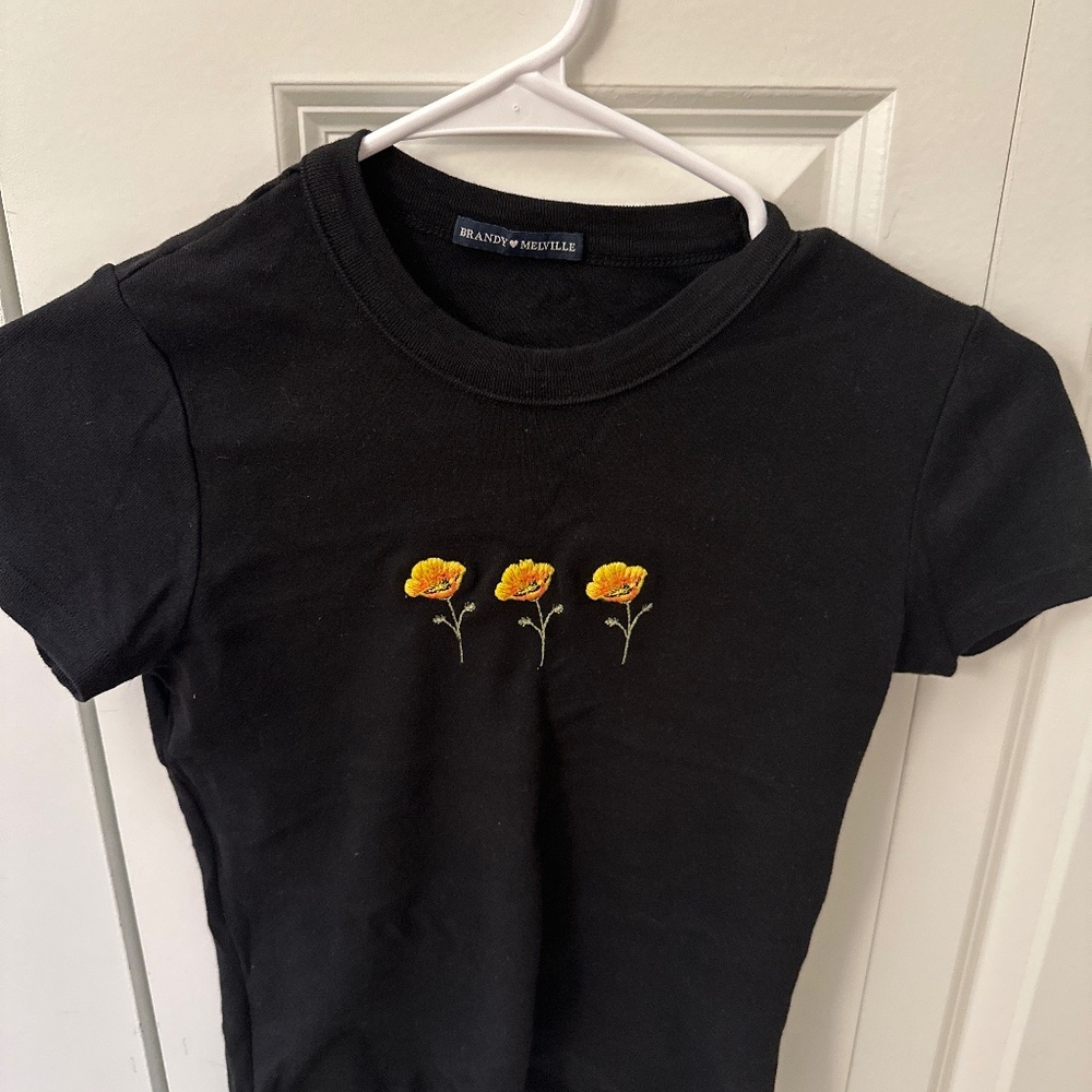 Brandy Melville black embroidered flower shirt